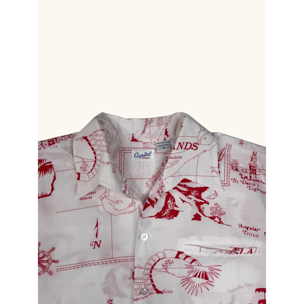 Vintage Capital Bermuda Nautical Map Print Shirt Mens Medium White Red Tropical - Picture 2 of 5
